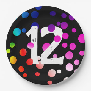 12th Birthday Rainbow Dots on Black Paper Plate