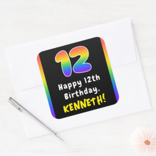 12th Birthday: Rainbow Spectrum # 12, Custom Name Square Sticker