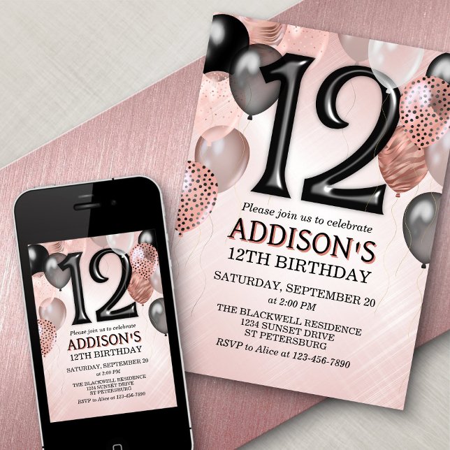 12th Birthday Rose Gold Balloons Invitation (Creator Uploaded)