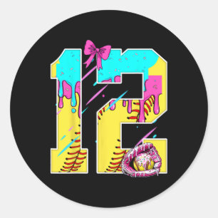 12th Birthday Softll Ice Cream Drip Bow 12 Years K Classic Round Sticker