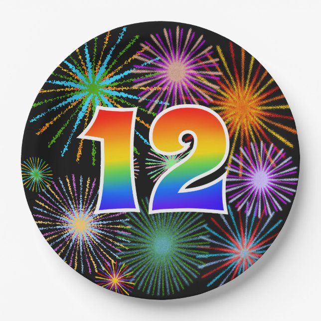 12th Event - Fun, Colourful, Bold, Rainbow 12 Paper Plate (Front)