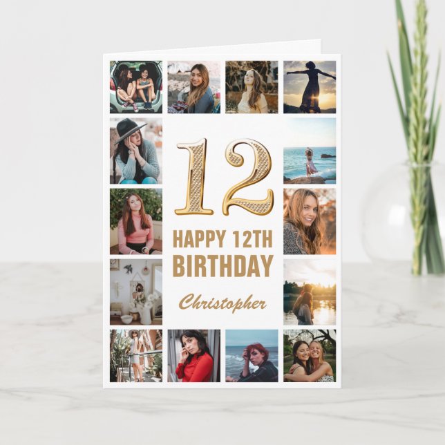 12th Happy Birthday Gold and White Photo Collage Card (Front)