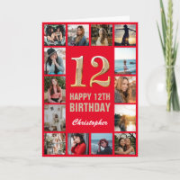 12th Happy Birthday Red and Gold Photo Collage