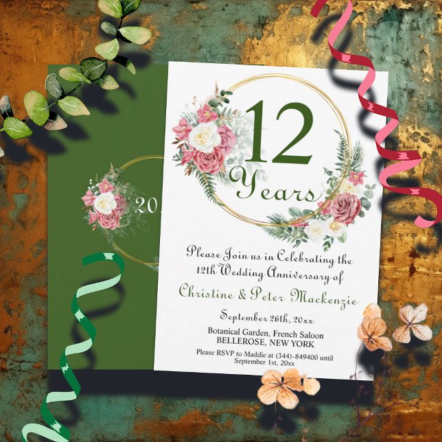 12th Silk Wedding Anniversary Roses Gold Frame Invitation (Creator Uploaded)