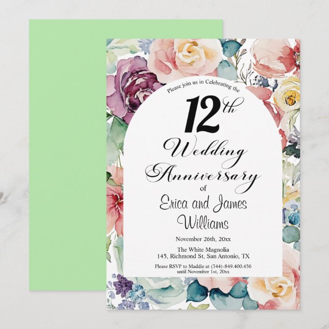 12th Wedding Anniversary Elegant Script Floral Invitation (Front/Back)