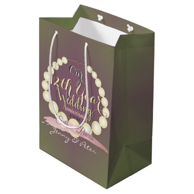 12th Wedding Anniversary Pearls on Plum Moss Medium Gift Bag (Back Angled)