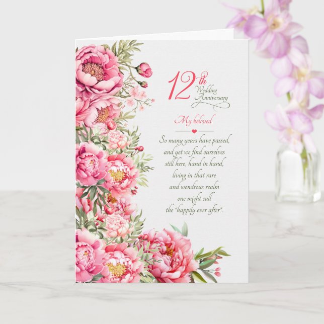 12th Wedding Anniversary Sentimental Pink Peonies Card (Orchid)
