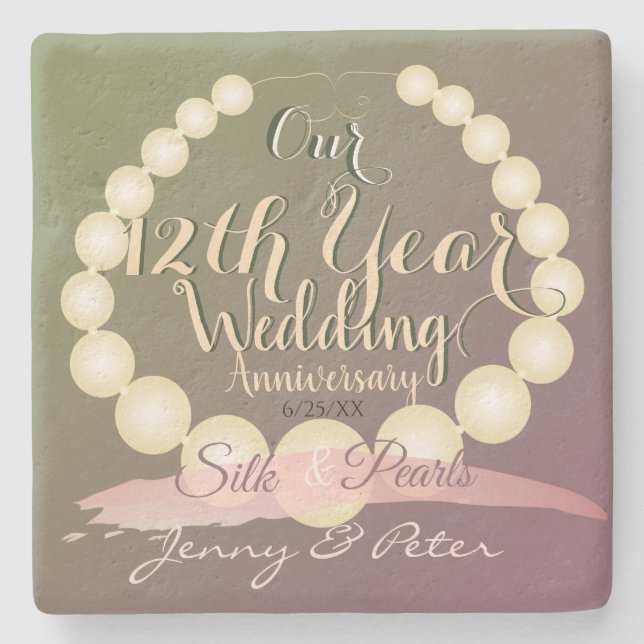 12th Wedding Anniversary Silk and Pearls Stone Coaster (Front)