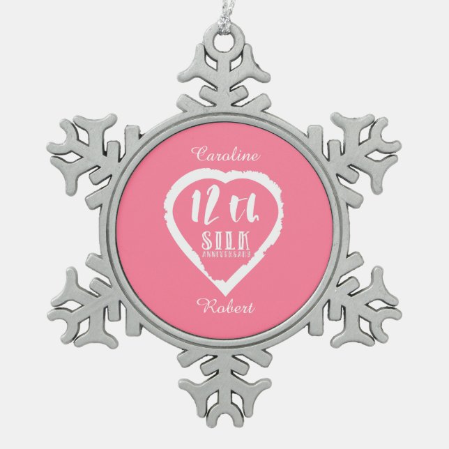12th wedding anniversary silk traditional snowflake pewter christmas ornament (Front)