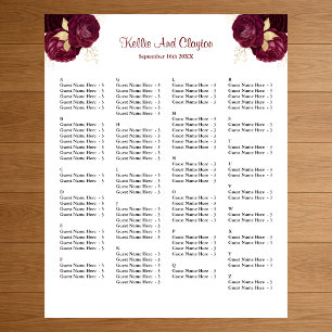 130 Burgundy And Gold Floral Wedding Seating Chart