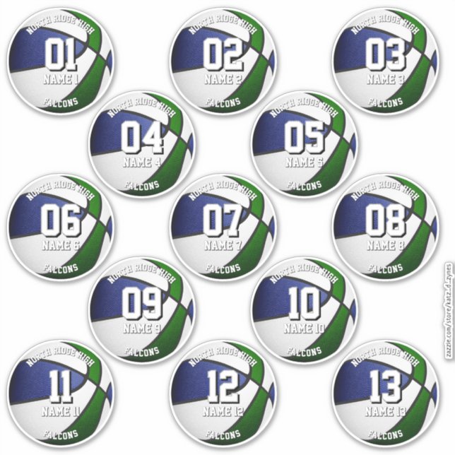13 basketball stickers set blue green team colors  (Front)