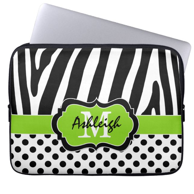 13" Lime Black Zebra Stripes Polka Dot Laptop Case (Front)