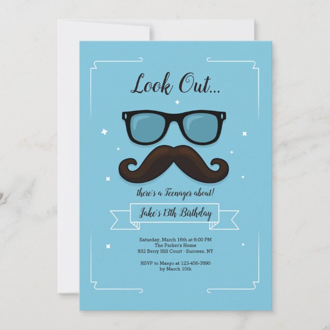 13 Moustache Birthday Party Invitation (Front)