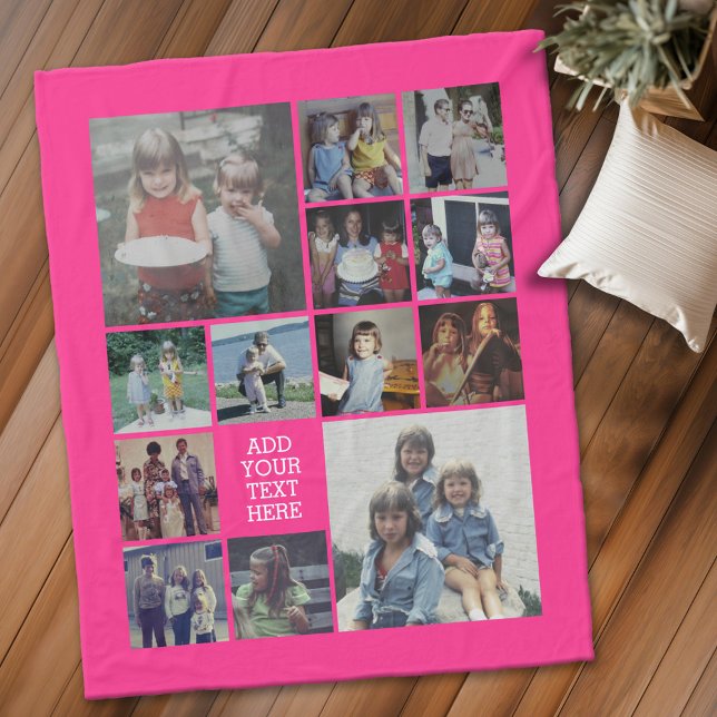 13 Photo Collage and Text - Can Edit Hot Pink Fleece Blanket (Personalized fleece blanket with 13 photos and text)