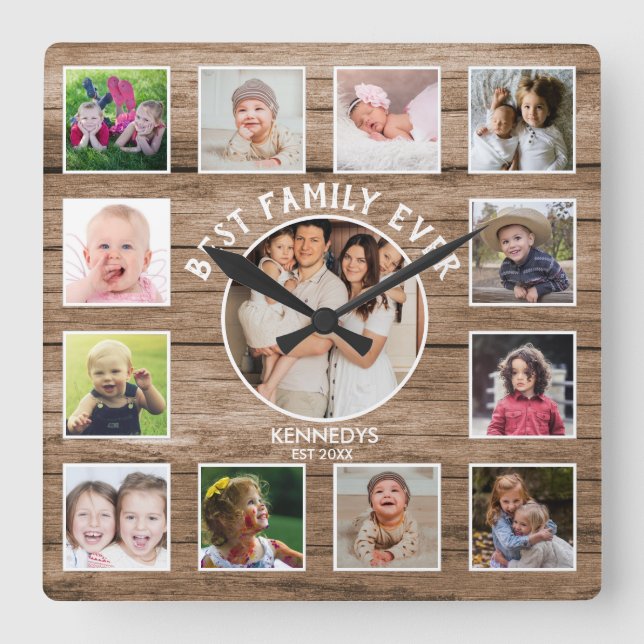 13 Photo Collage Best Family Ever Farmhouse Wood Square Wall Clock (Front)