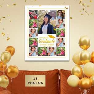 13 Photo Collage Gold Cap Congrats Graduate White Poster