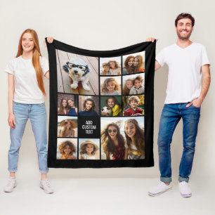 13 Photo Collage Grid - Custom Text Can Edit Black Fleece Blanket