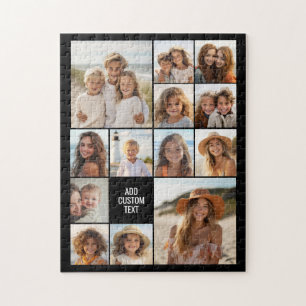 13 Photo Collage Grid - Custom Text Minimal Black Jigsaw Puzzle