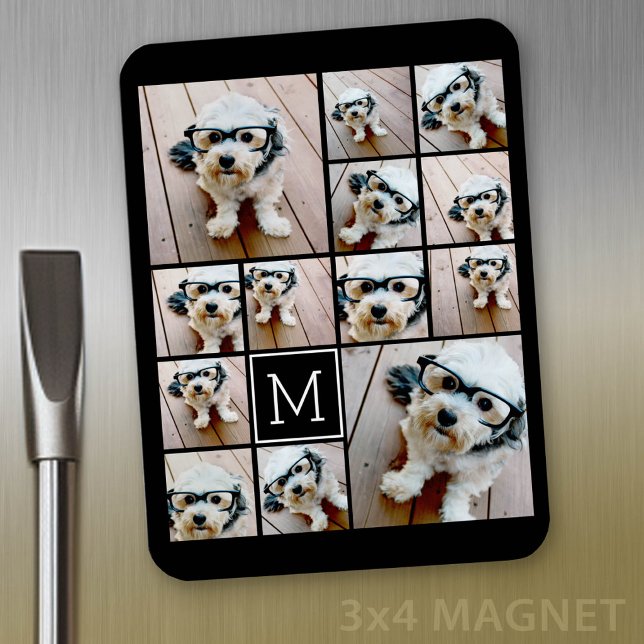 13 Photo Collage Monogram black - Can Edit Colour Magnet (Personalized refrigerator magnet with photo collage and custom text - add 13 photos to this design)