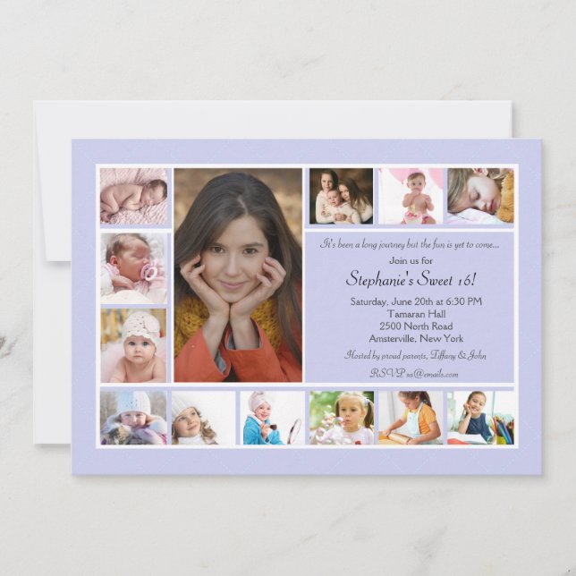 13 Photo Collage Vertical Blue Photo Invitation (Front)