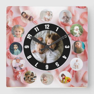13 Photos collage Personalized Name rosy Square Wall Clock