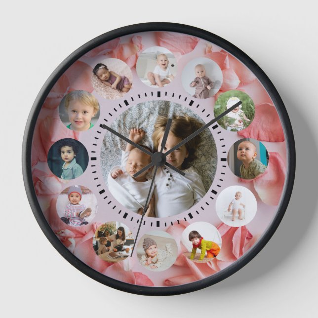 13 Photos collage Personalized Name rosy Watch Clock (Front)