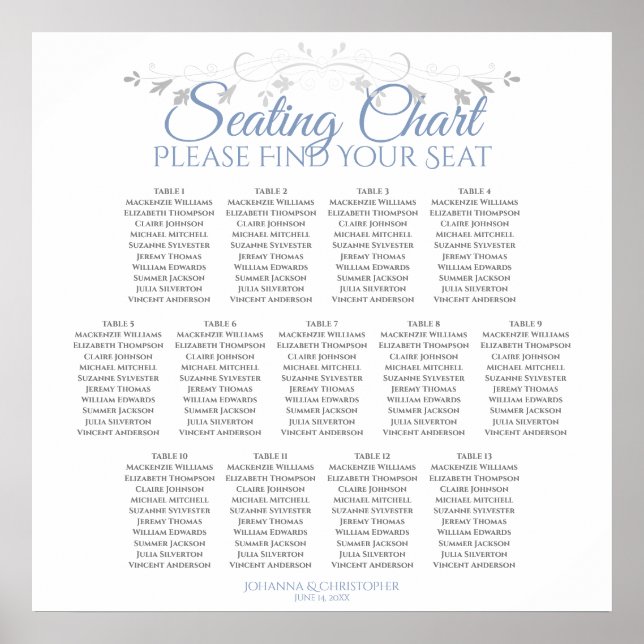 13 Table Blue on White Wedding Seating Chart (Front)
