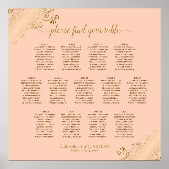 13 Table Coral Peach & Gold Wedding Seating Chart (Front)