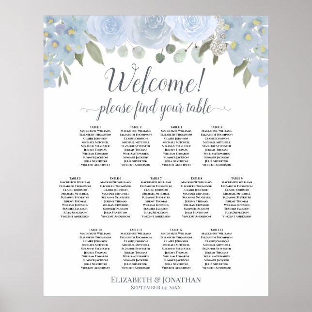 13 Table Dusty Blue Floral Wedding Seating Chart (Front)