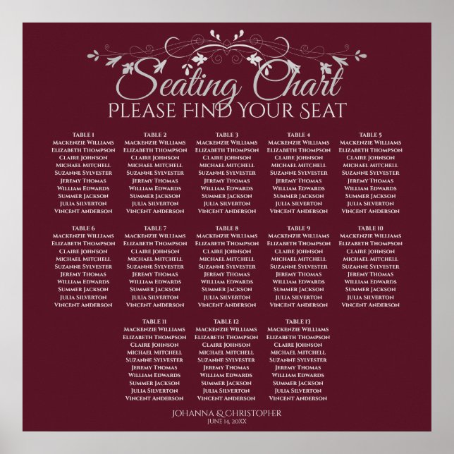 13 Table Elegant Burgundy Wedding Seating Chart (Front)