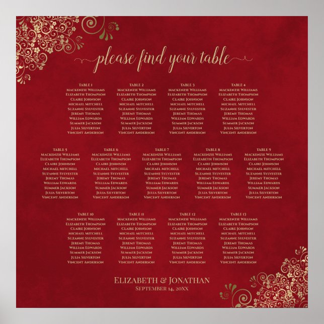 13 Table Frilly Wedding Seating Chart Red & Gold (Front)