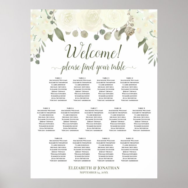 13 Table Ivory White Floral Wedding Seating Chart (Front)