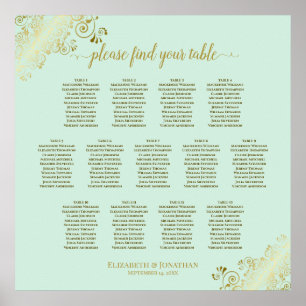 13 Table Mint Green & Gold Wedding Seating Chart