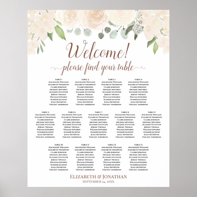 13 Table Pale Peach Roses Wedding Seating Chart (Front)