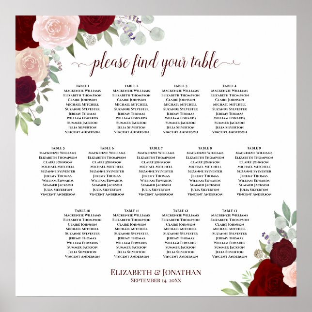 13 Table Red & Pink Roses Wedding Seating Chart (Front)
