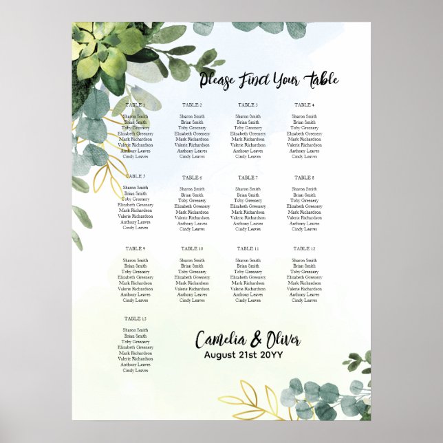 13 Table Wedding Seating Chart Greenery Eucalyptus (Front)