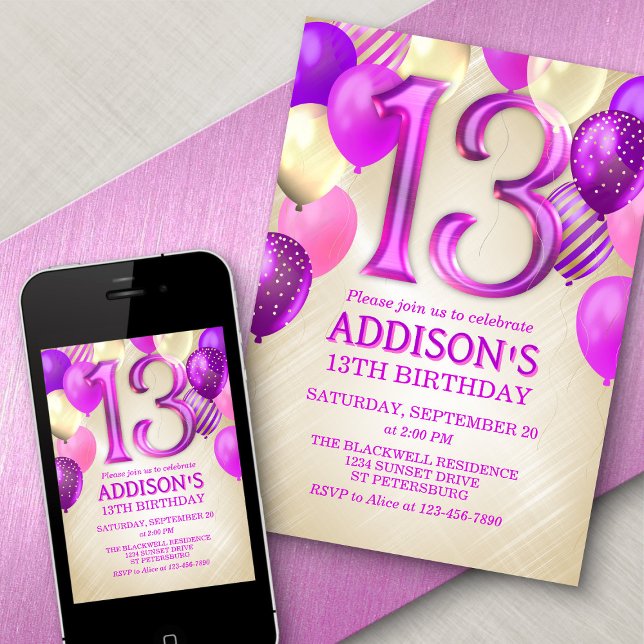 13e anniversaire Ballons roses Invitation (Créateur téléchargé)
