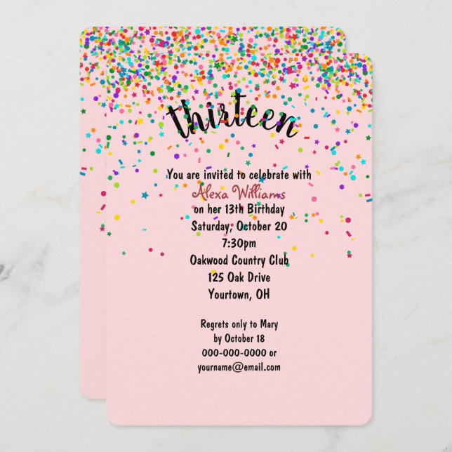 13e anniversaire Fête confetti Invitation (Devant / Derrière)
