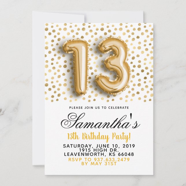 13e anniversaire Gold Confetti Invitation (Devant)