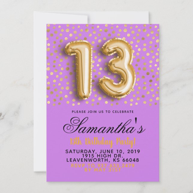 13e anniversaire Gold Confetti Invitation (Devant)
