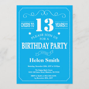 13e anniversaire Invitation Bleu et blanc