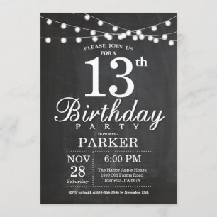 13e anniversaire Invitation Chalboard Chaîne lumiè