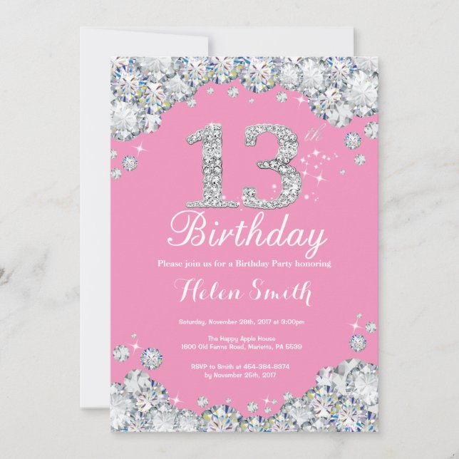 13e anniversaire Invitation Diamant rose et argent (Devant)