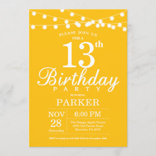 13e anniversaire Invitation Jaune
