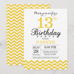 13e anniversaire Invitation Jaune Chevron