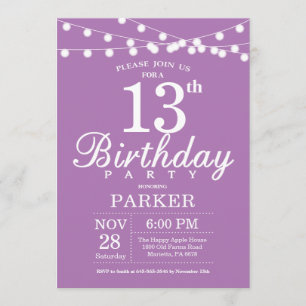 13e anniversaire Invitation Lavande violette Lilac