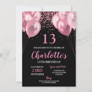 13e anniversaire Invitation rose néon noir