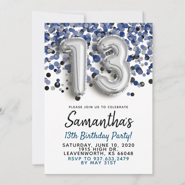 13e anniversaire Silver Confetti Invitation (Devant)