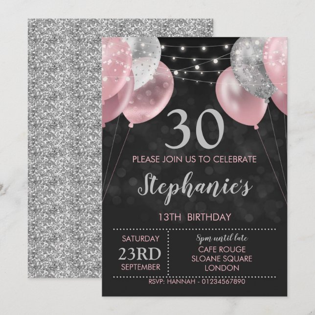 13e Invitation Invitation d'anniversaire en argent (Devant / Derrière)