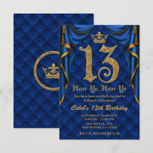 13TH 13 Birthday Party Royal Blue Gold Crown   Invitation (Front/Back)